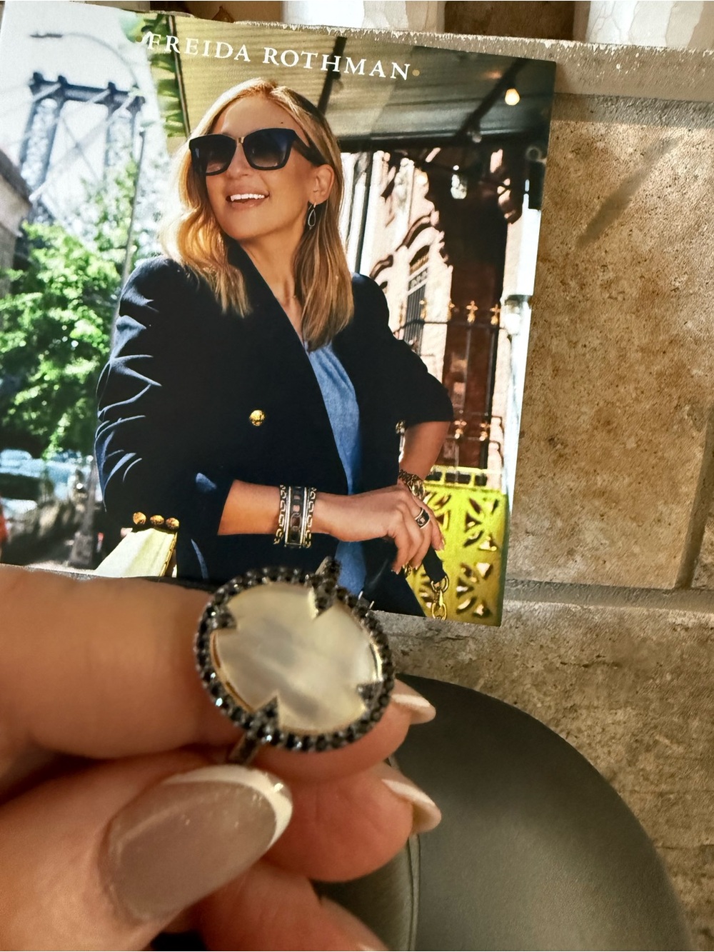 Freida Rothman Mother of Pearl Oval Stone Ring with Black Crystal Halo - Picture 3 of 4